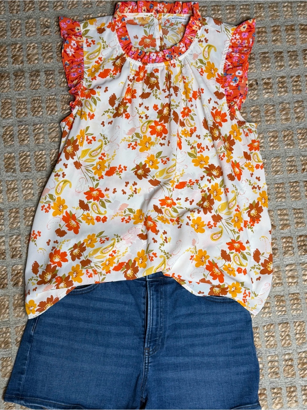 Staccato White Floral Ruffle Sleeve Top with Orange & Yellow